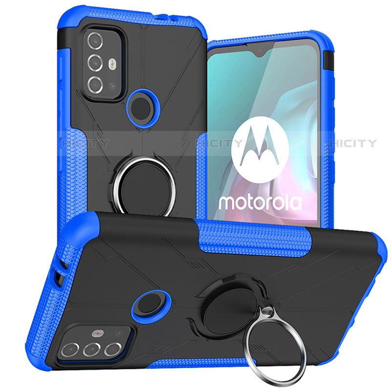 Silikon Hülle Handyhülle und Kunststoff Schutzhülle Hartschalen Tasche mit Magnetisch Fingerring Ständer S02 für Motorola Moto G10 Blau Plus