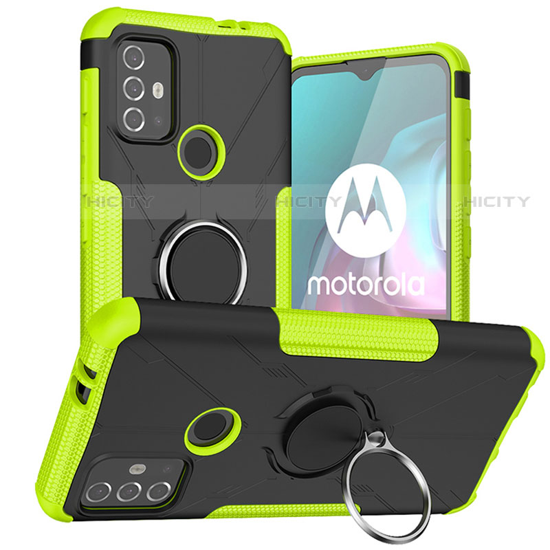 Silikon Hülle Handyhülle und Kunststoff Schutzhülle Hartschalen Tasche mit Magnetisch Fingerring Ständer S02 für Motorola Moto G10 Grün Plus