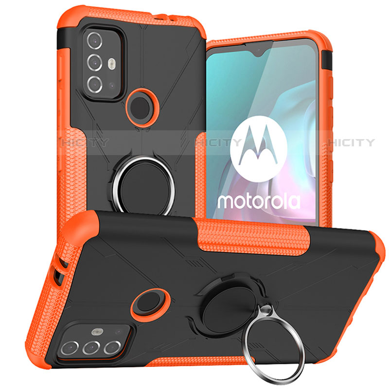 Silikon Hülle Handyhülle und Kunststoff Schutzhülle Hartschalen Tasche mit Magnetisch Fingerring Ständer S02 für Motorola Moto G10 Orange Plus