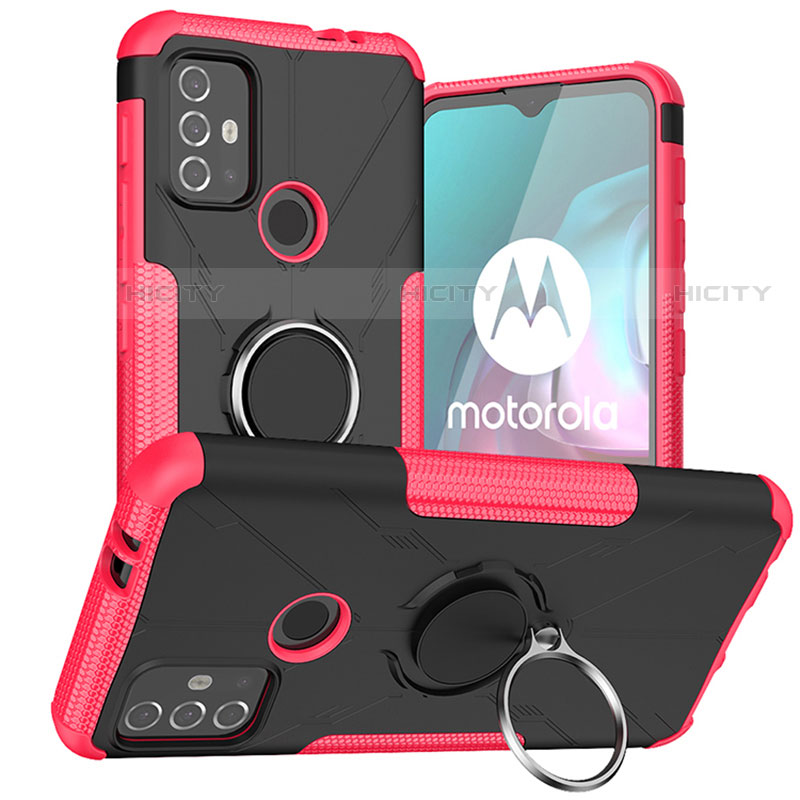 Silikon Hülle Handyhülle und Kunststoff Schutzhülle Hartschalen Tasche mit Magnetisch Fingerring Ständer S02 für Motorola Moto G10 Pink Plus