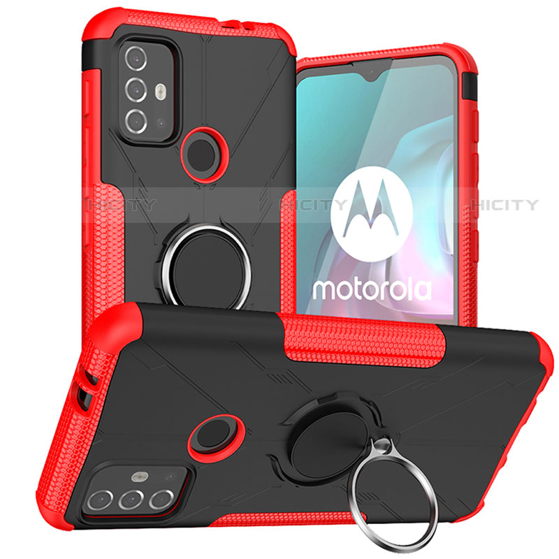 Silikon Hülle Handyhülle und Kunststoff Schutzhülle Hartschalen Tasche mit Magnetisch Fingerring Ständer S02 für Motorola Moto G10 Rot Plus