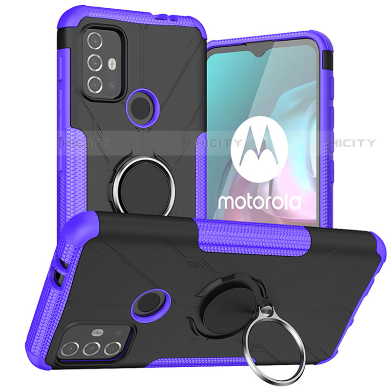 Silikon Hülle Handyhülle und Kunststoff Schutzhülle Hartschalen Tasche mit Magnetisch Fingerring Ständer S02 für Motorola Moto G10 Violett Plus