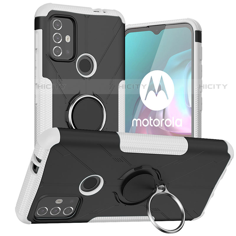 Silikon Hülle Handyhülle und Kunststoff Schutzhülle Hartschalen Tasche mit Magnetisch Fingerring Ständer S02 für Motorola Moto G10 Weiß Plus