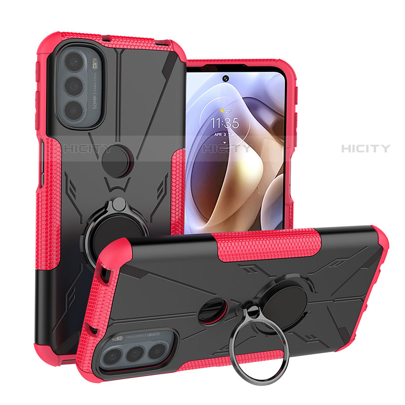 Silikon Hülle Handyhülle und Kunststoff Schutzhülle Hartschalen Tasche mit Magnetisch Fingerring Ständer S02 für Motorola Moto G31 Pink Plus