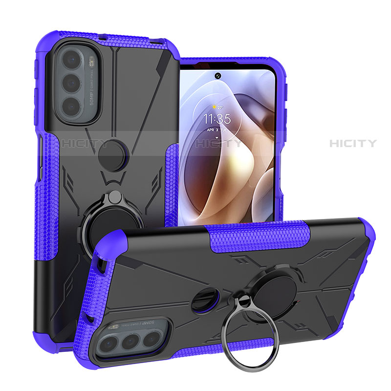 Silikon Hülle Handyhülle und Kunststoff Schutzhülle Hartschalen Tasche mit Magnetisch Fingerring Ständer S02 für Motorola Moto G31 Violett Plus