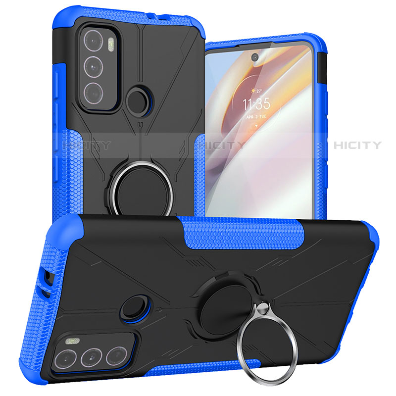 Silikon Hülle Handyhülle und Kunststoff Schutzhülle Hartschalen Tasche mit Magnetisch Fingerring Ständer S02 für Motorola Moto G40 Fusion Blau