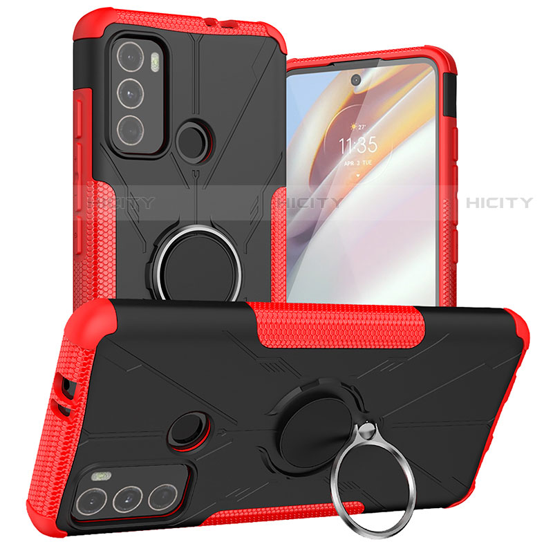 Silikon Hülle Handyhülle und Kunststoff Schutzhülle Hartschalen Tasche mit Magnetisch Fingerring Ständer S02 für Motorola Moto G40 Fusion Rot