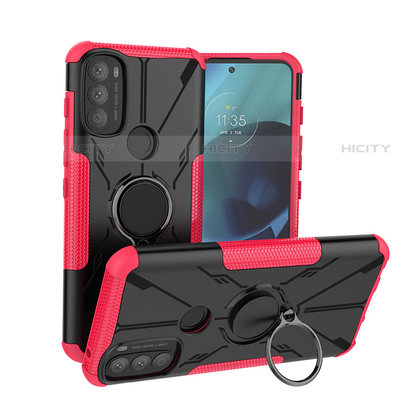 Silikon Hülle Handyhülle und Kunststoff Schutzhülle Hartschalen Tasche mit Magnetisch Fingerring Ständer S02 für Motorola Moto G71 5G Pink