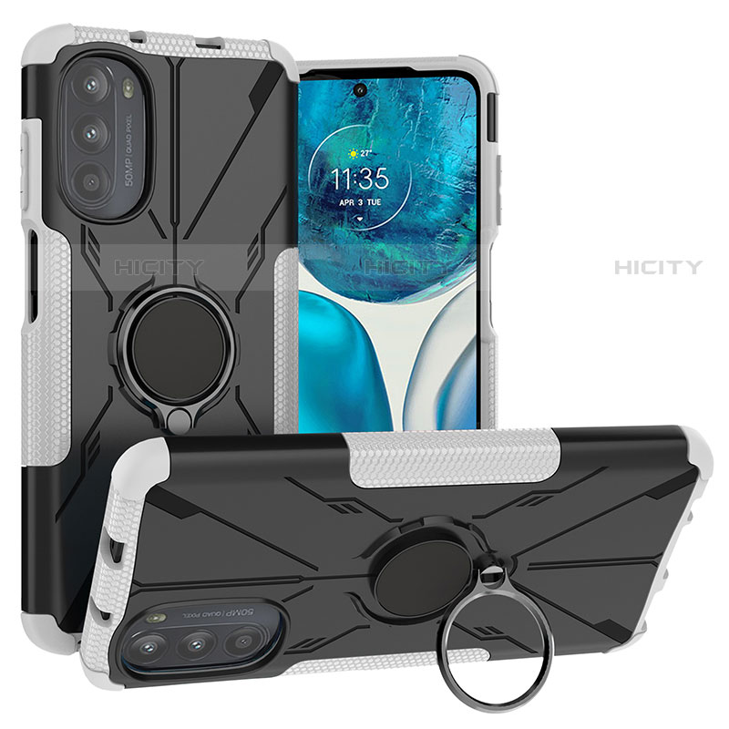 Silikon Hülle Handyhülle und Kunststoff Schutzhülle Hartschalen Tasche mit Magnetisch Fingerring Ständer S02 für Motorola Moto G71s 5G