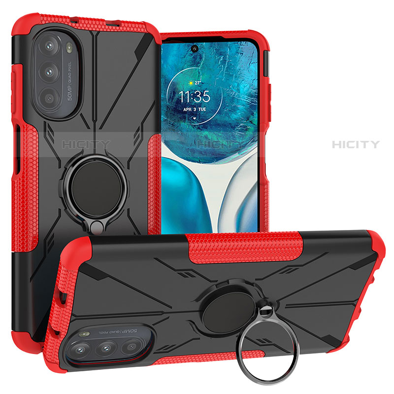 Silikon Hülle Handyhülle und Kunststoff Schutzhülle Hartschalen Tasche mit Magnetisch Fingerring Ständer S02 für Motorola Moto G71s 5G Rot