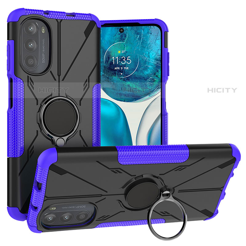 Silikon Hülle Handyhülle und Kunststoff Schutzhülle Hartschalen Tasche mit Magnetisch Fingerring Ständer S02 für Motorola Moto G71s 5G Violett