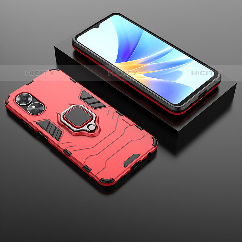 Silikon Hülle Handyhülle und Kunststoff Schutzhülle Hartschalen Tasche mit Magnetisch Fingerring Ständer S02 für Oppo A17 Rot