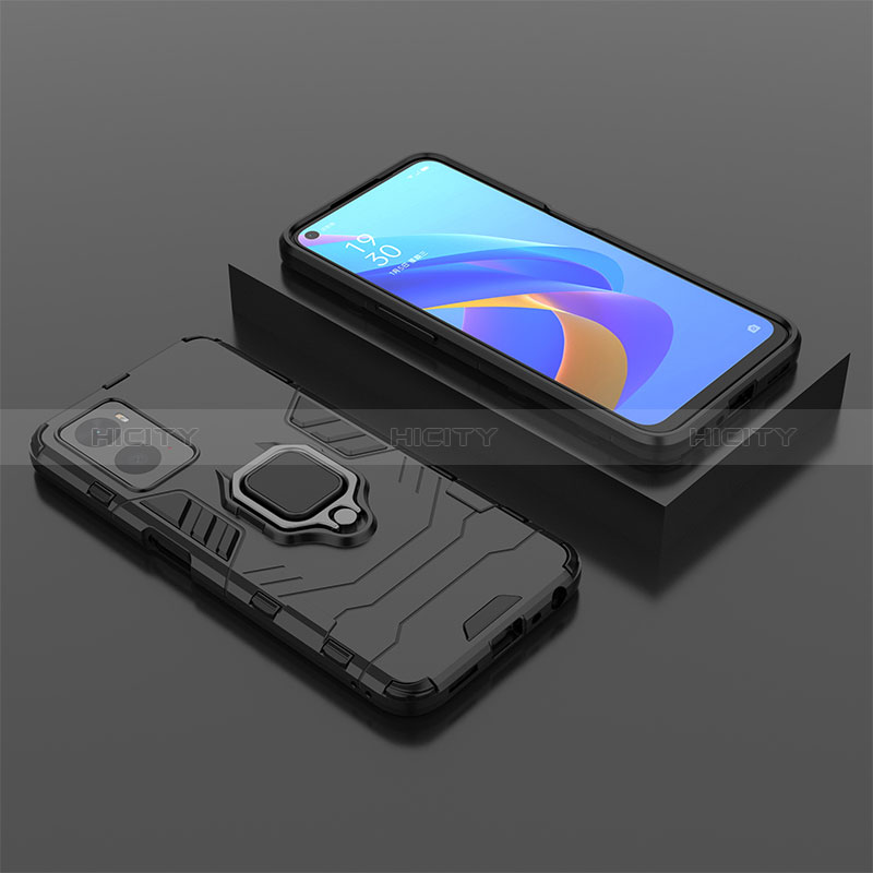 Silikon Hülle Handyhülle und Kunststoff Schutzhülle Hartschalen Tasche mit Magnetisch Fingerring Ständer S02 für Oppo A96 4G Schwarz