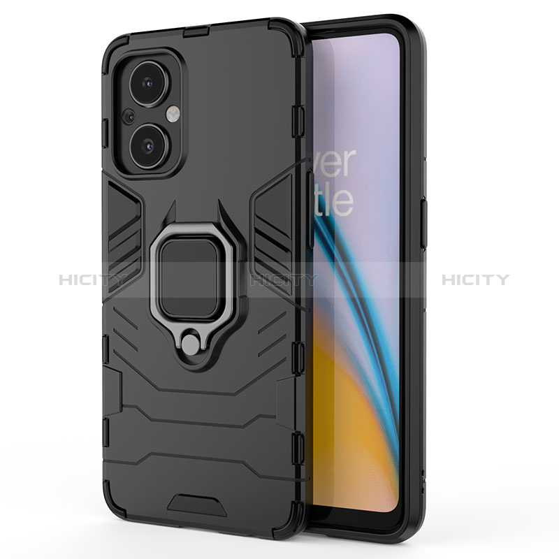 Silikon Hülle Handyhülle und Kunststoff Schutzhülle Hartschalen Tasche mit Magnetisch Fingerring Ständer S02 für Oppo A96 5G Schwarz Plus