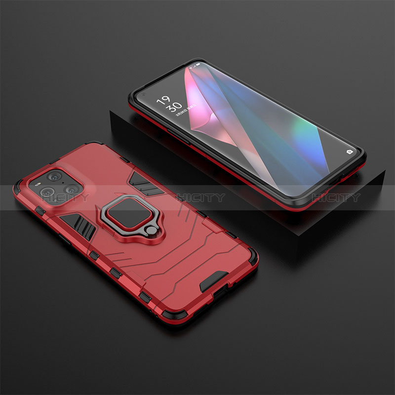 Silikon Hülle Handyhülle und Kunststoff Schutzhülle Hartschalen Tasche mit Magnetisch Fingerring Ständer S02 für Oppo Find X3 5G Rot