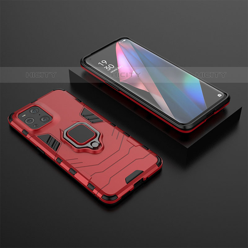 Silikon Hülle Handyhülle und Kunststoff Schutzhülle Hartschalen Tasche mit Magnetisch Fingerring Ständer S02 für Oppo Find X3 Pro 5G Rot