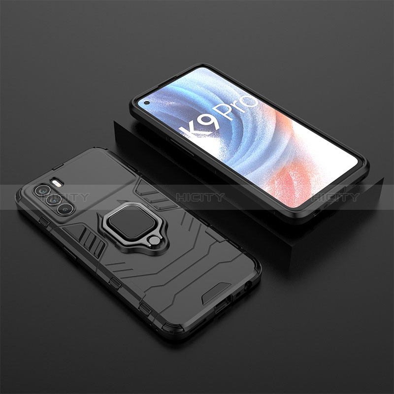 Silikon Hülle Handyhülle und Kunststoff Schutzhülle Hartschalen Tasche mit Magnetisch Fingerring Ständer S02 für Oppo K9 Pro 5G Schwarz