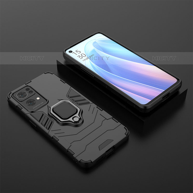 Silikon Hülle Handyhülle und Kunststoff Schutzhülle Hartschalen Tasche mit Magnetisch Fingerring Ständer S02 für Oppo Reno7 Pro 5G Schwarz