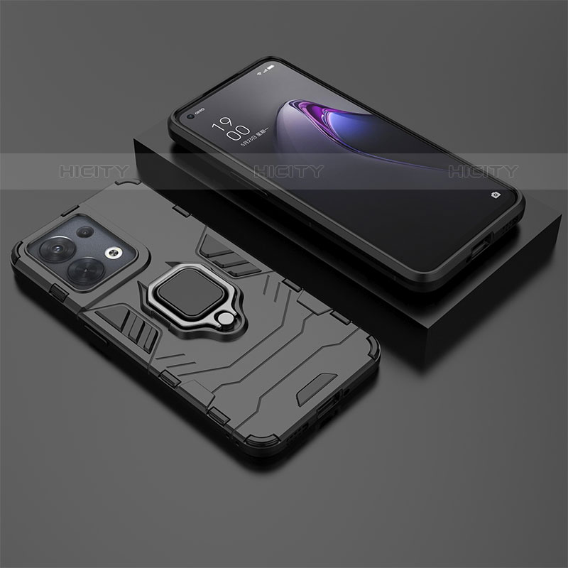 Silikon Hülle Handyhülle und Kunststoff Schutzhülle Hartschalen Tasche mit Magnetisch Fingerring Ständer S02 für Oppo Reno9 5G Schwarz