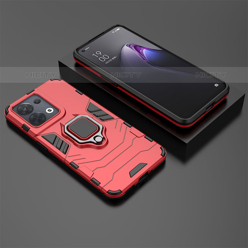 Silikon Hülle Handyhülle und Kunststoff Schutzhülle Hartschalen Tasche mit Magnetisch Fingerring Ständer S02 für Oppo Reno9 Pro 5G Rot Plus