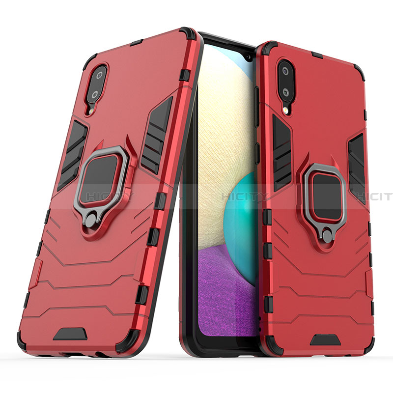 Silikon Hülle Handyhülle und Kunststoff Schutzhülle Hartschalen Tasche mit Magnetisch Fingerring Ständer S02 für Samsung Galaxy A02 Rot Plus