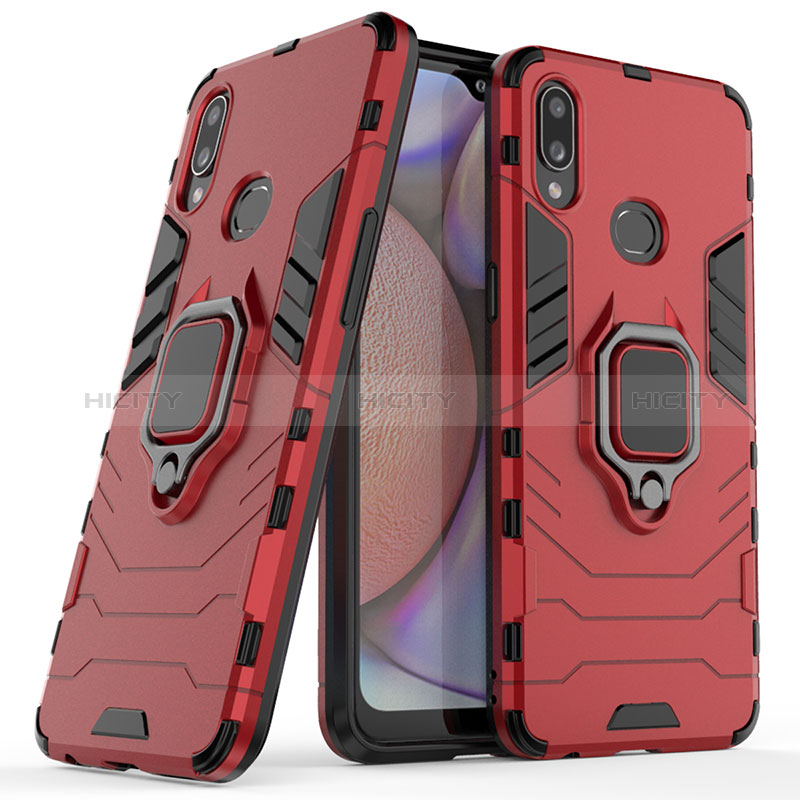 Silikon Hülle Handyhülle und Kunststoff Schutzhülle Hartschalen Tasche mit Magnetisch Fingerring Ständer S02 für Samsung Galaxy A10s Rot