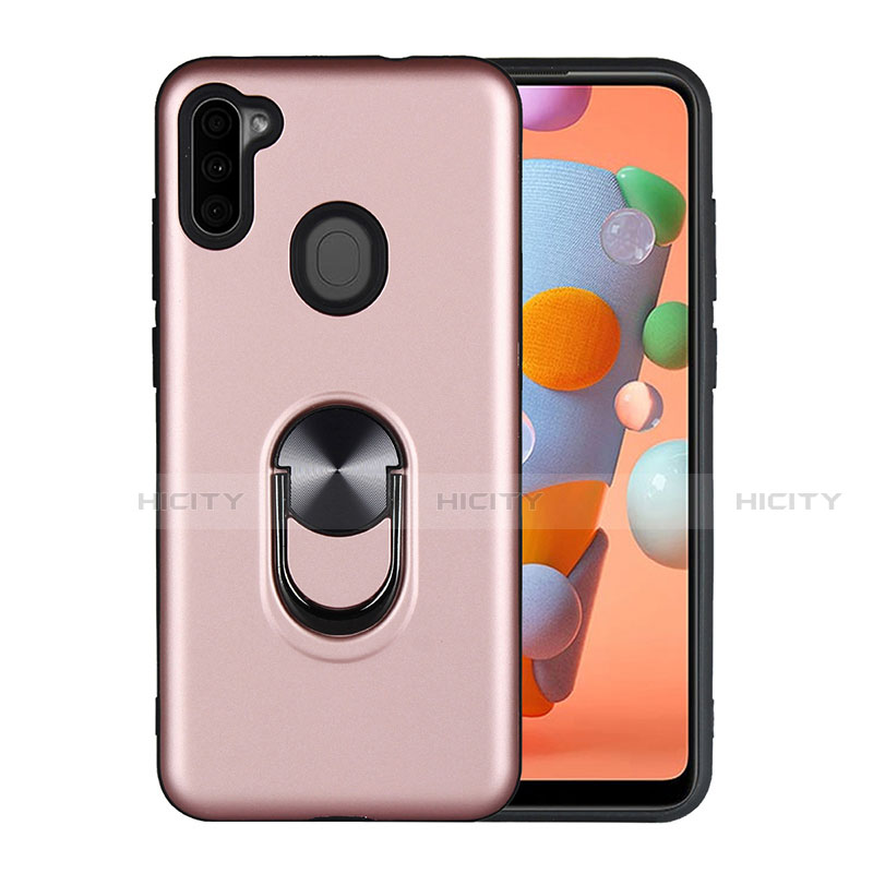 Silikon Hülle Handyhülle und Kunststoff Schutzhülle Hartschalen Tasche mit Magnetisch Fingerring Ständer S02 für Samsung Galaxy A11 Rosegold