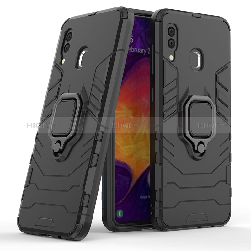 Silikon Hülle Handyhülle und Kunststoff Schutzhülle Hartschalen Tasche mit Magnetisch Fingerring Ständer S02 für Samsung Galaxy A20 Schwarz