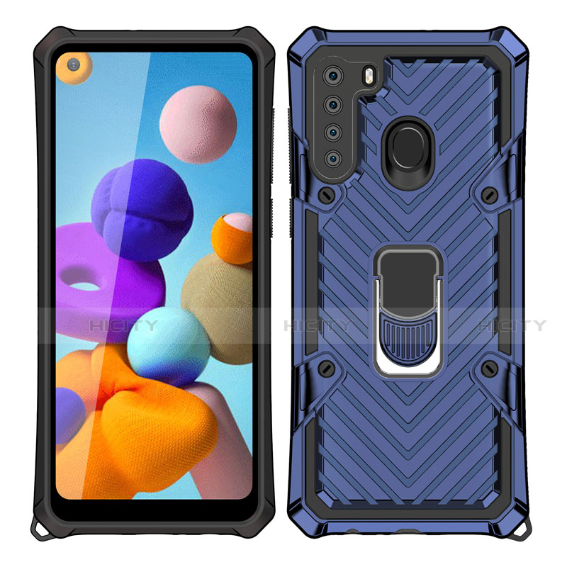 Silikon Hülle Handyhülle und Kunststoff Schutzhülle Hartschalen Tasche mit Magnetisch Fingerring Ständer S02 für Samsung Galaxy A21 Blau