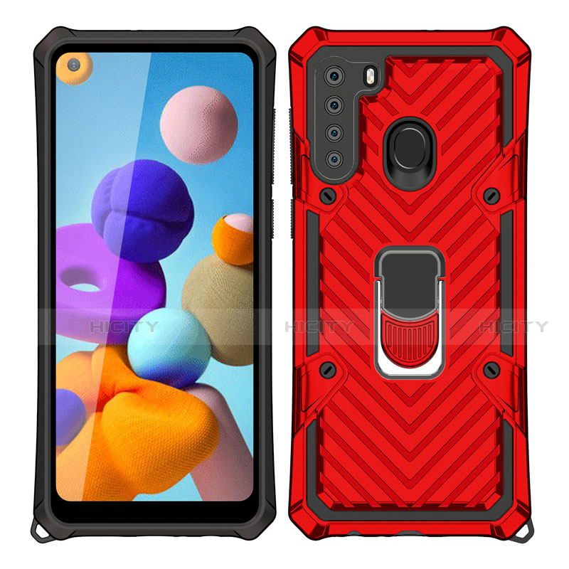 Silikon Hülle Handyhülle und Kunststoff Schutzhülle Hartschalen Tasche mit Magnetisch Fingerring Ständer S02 für Samsung Galaxy A21 Rot Plus