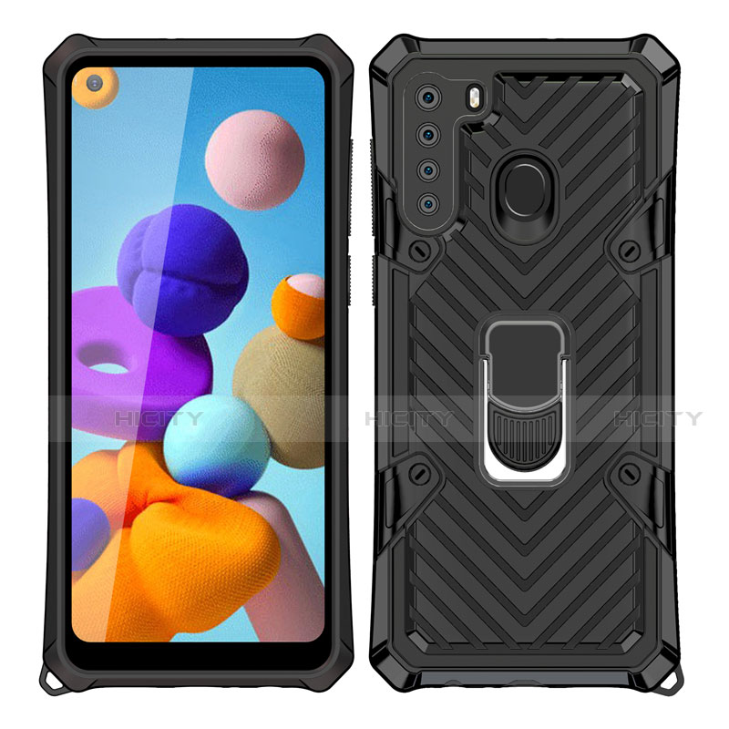 Silikon Hülle Handyhülle und Kunststoff Schutzhülle Hartschalen Tasche mit Magnetisch Fingerring Ständer S02 für Samsung Galaxy A21 Schwarz