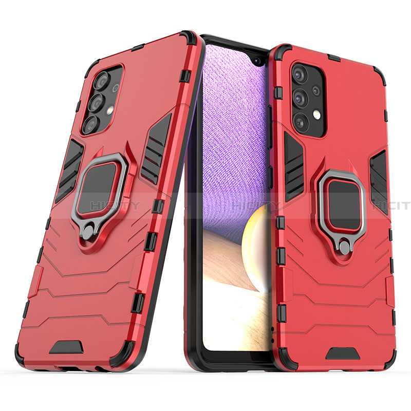 Silikon Hülle Handyhülle und Kunststoff Schutzhülle Hartschalen Tasche mit Magnetisch Fingerring Ständer S02 für Samsung Galaxy A32 4G Rot