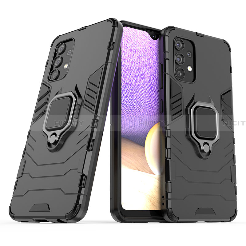 Silikon Hülle Handyhülle und Kunststoff Schutzhülle Hartschalen Tasche mit Magnetisch Fingerring Ständer S02 für Samsung Galaxy A32 4G Schwarz