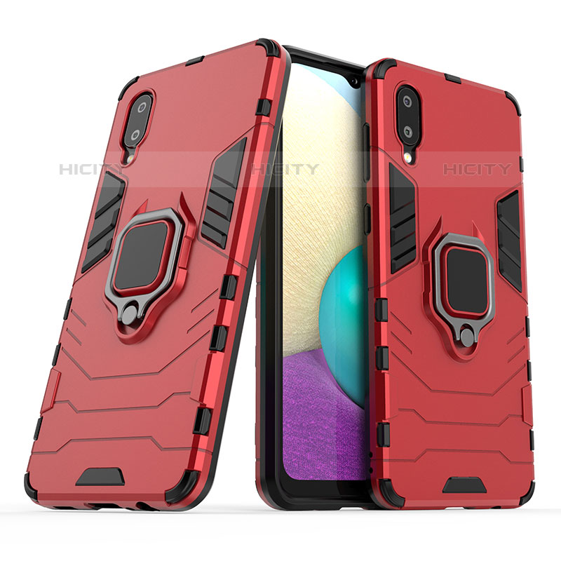 Silikon Hülle Handyhülle und Kunststoff Schutzhülle Hartschalen Tasche mit Magnetisch Fingerring Ständer S02 für Samsung Galaxy M02 Rot