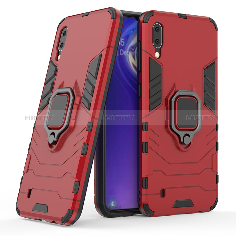 Silikon Hülle Handyhülle und Kunststoff Schutzhülle Hartschalen Tasche mit Magnetisch Fingerring Ständer S02 für Samsung Galaxy M10 Rot Plus