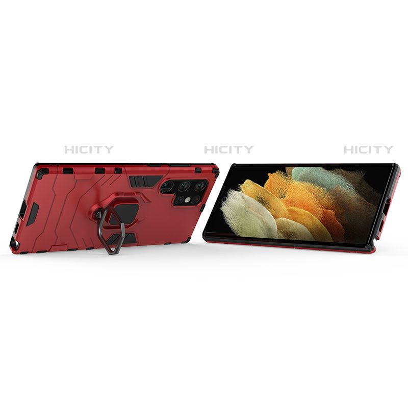 Silikon Hülle Handyhülle und Kunststoff Schutzhülle Hartschalen Tasche mit Magnetisch Fingerring Ständer S02 für Samsung Galaxy S22 Ultra 5G Rot