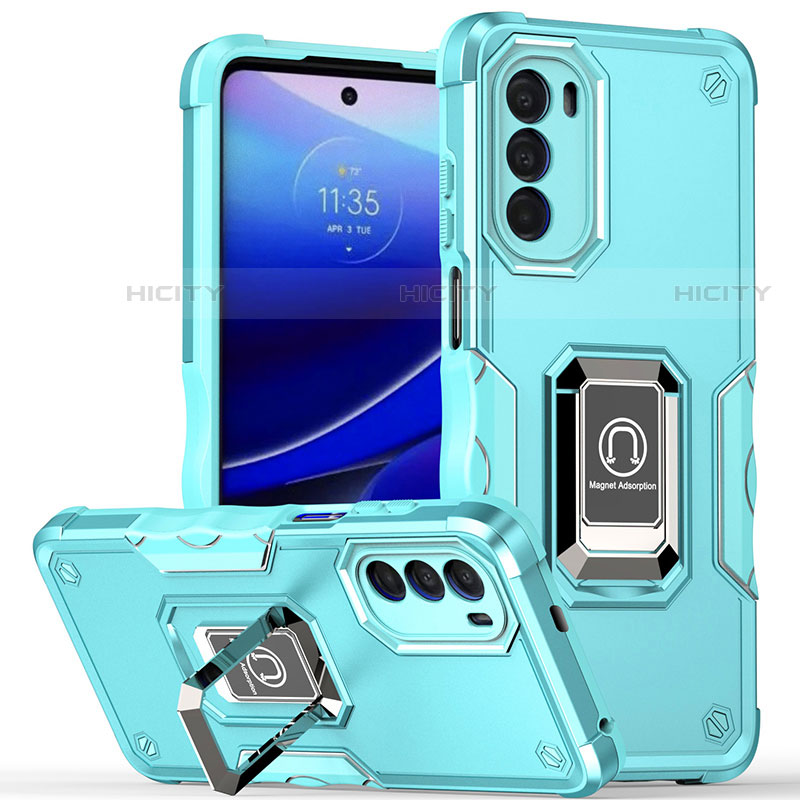 Silikon Hülle Handyhülle und Kunststoff Schutzhülle Hartschalen Tasche mit Magnetisch Fingerring Ständer S03 für Motorola Moto Edge (2022) 5G Cyan Plus