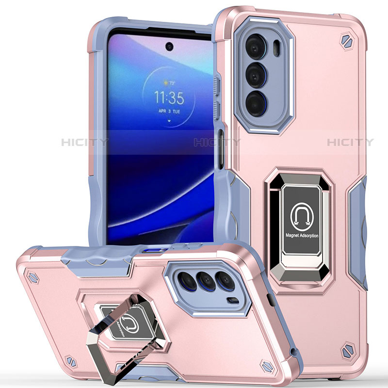 Silikon Hülle Handyhülle und Kunststoff Schutzhülle Hartschalen Tasche mit Magnetisch Fingerring Ständer S03 für Motorola Moto Edge (2022) 5G Rosa