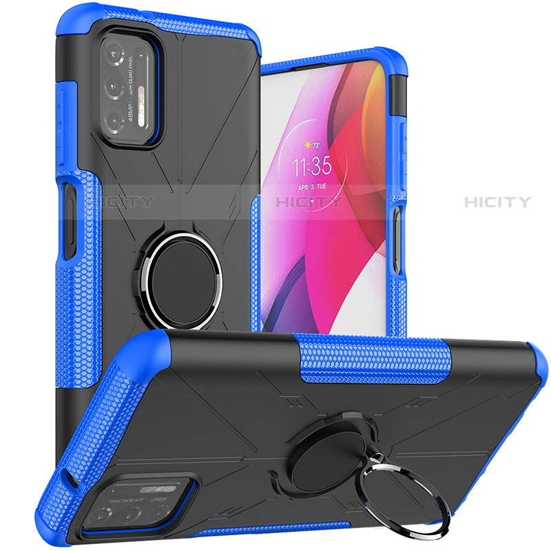 Silikon Hülle Handyhülle und Kunststoff Schutzhülle Hartschalen Tasche mit Magnetisch Fingerring Ständer S03 für Motorola Moto G Stylus (2021) Blau Plus