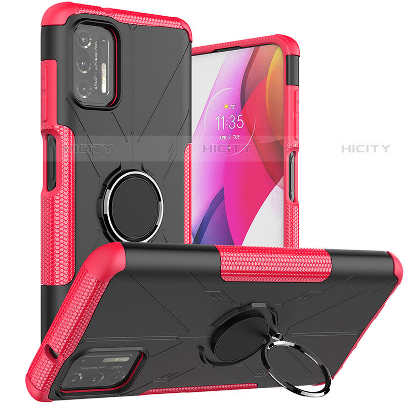 Silikon Hülle Handyhülle und Kunststoff Schutzhülle Hartschalen Tasche mit Magnetisch Fingerring Ständer S03 für Motorola Moto G Stylus (2021) Pink Plus