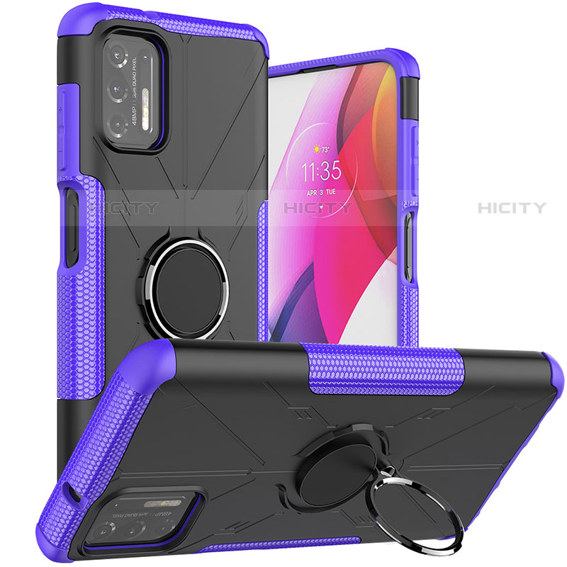 Silikon Hülle Handyhülle und Kunststoff Schutzhülle Hartschalen Tasche mit Magnetisch Fingerring Ständer S03 für Motorola Moto G Stylus (2021) Violett