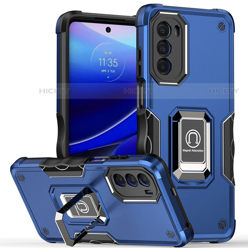 Silikon Hülle Handyhülle und Kunststoff Schutzhülle Hartschalen Tasche mit Magnetisch Fingerring Ständer S03 für Motorola Moto G82 5G Blau