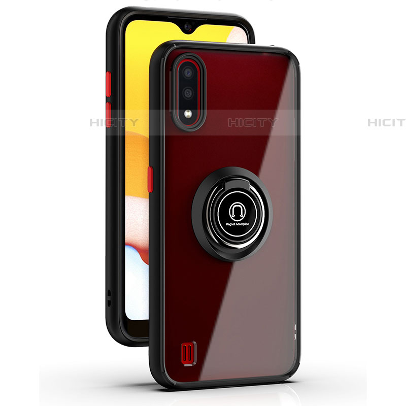 Silikon Hülle Handyhülle und Kunststoff Schutzhülle Hartschalen Tasche mit Magnetisch Fingerring Ständer S03 für Samsung Galaxy A01 SM-A015 Rot und Schwarz Plus