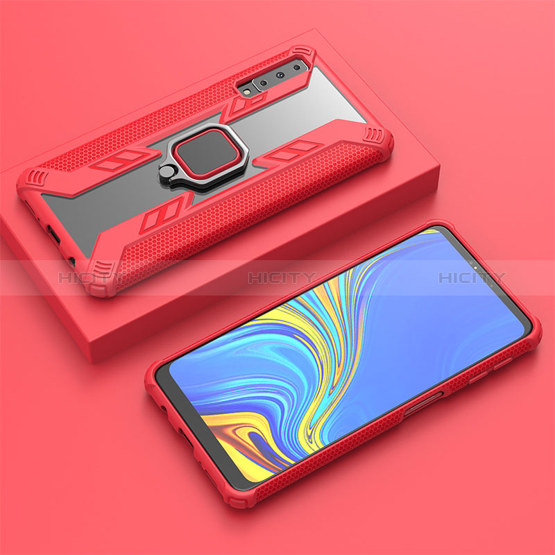 Silikon Hülle Handyhülle und Kunststoff Schutzhülle Hartschalen Tasche mit Magnetisch Fingerring Ständer S03 für Samsung Galaxy A7 (2018) A750 Rot