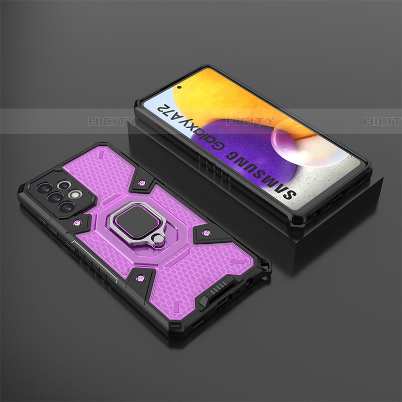 Silikon Hülle Handyhülle und Kunststoff Schutzhülle Hartschalen Tasche mit Magnetisch Fingerring Ständer S03 für Samsung Galaxy A72 4G Violett