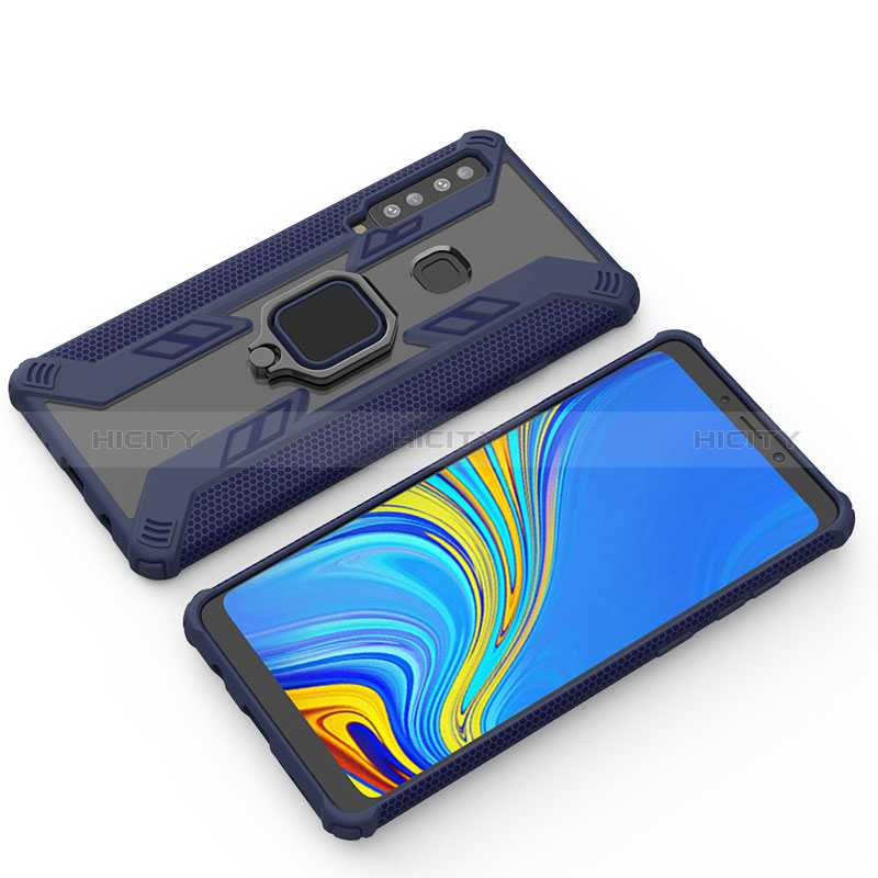 Silikon Hülle Handyhülle und Kunststoff Schutzhülle Hartschalen Tasche mit Magnetisch Fingerring Ständer S03 für Samsung Galaxy A9 (2018) A920 Blau