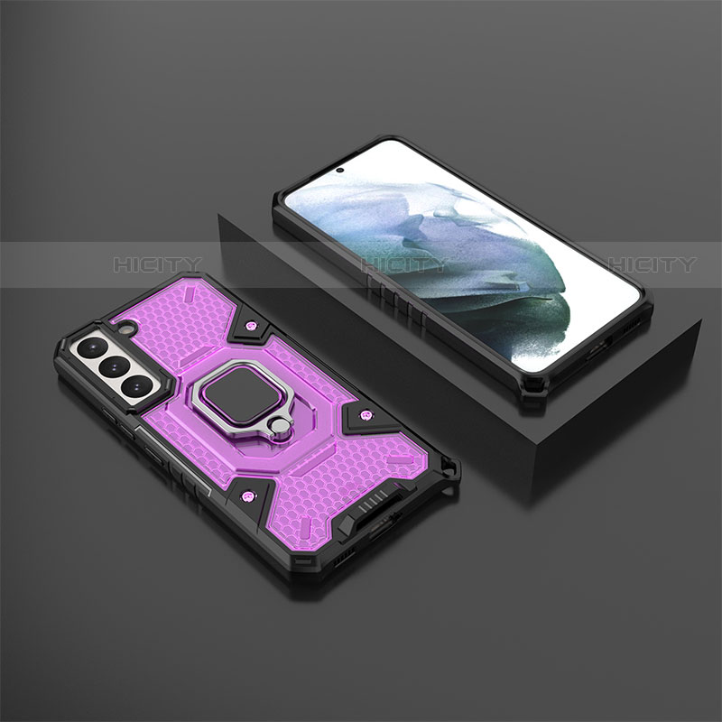 Silikon Hülle Handyhülle und Kunststoff Schutzhülle Hartschalen Tasche mit Magnetisch Fingerring Ständer S03 für Samsung Galaxy S21 Plus 5G Violett