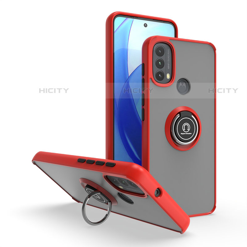 Silikon Hülle Handyhülle und Kunststoff Schutzhülle Hartschalen Tasche mit Magnetisch Fingerring Ständer S04 für Motorola Moto E30 Rot Plus