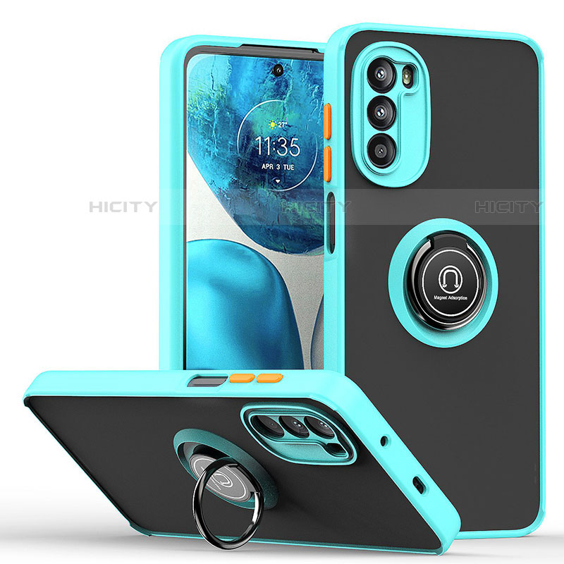 Silikon Hülle Handyhülle und Kunststoff Schutzhülle Hartschalen Tasche mit Magnetisch Fingerring Ständer S04 für Motorola Moto Edge (2022) 5G Cyan