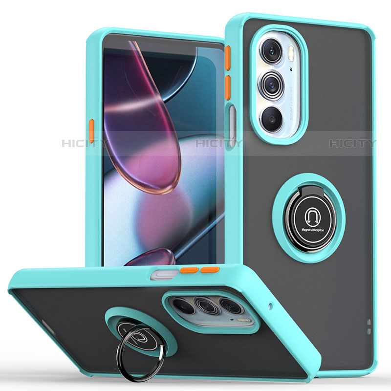 Silikon Hülle Handyhülle und Kunststoff Schutzhülle Hartschalen Tasche mit Magnetisch Fingerring Ständer S04 für Motorola Moto Edge X30 5G Cyan